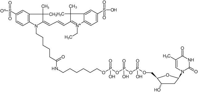 Structural formula of γ-(6-Aminohexyl)-dTTP-Cy3 (γ-(6-Aminohexyl)-2'-deoxythymidine-5'-triphosphate, labeled with Cy3, Triethylammonium salt)