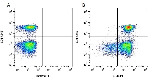 Figure A. Alexa Fluor<sup>&reg;</sup> 647 conjugated Mouse anti Rat CD4 antibody, clone OX-35 (MCA153A647*) and RPE conjugated Mouse IgG1 isotype control (<strong><a href="https://www.bio-rad-antibodies.com/product/partnumber/MCA1209PE.html"target="_blank">MCA1209PE</a></strong>).<br>Figure B.  Alexa Fluor<sup>&reg;</sup> 647 conjugated Mouse anti Rat CD4 antibody, clone OX-35 (MCA153A647*) and RPE conjugated Mouse anti Rat CD44 antibody, clone OX-50 (<strong>MCA643PE</strong>). All experiments performed on red cell lysed rat blood gated on lymphoid cells in the presence of 10% rat serum.<br>Data acquired on the <strong><a href="https://www.bio-rad.com/en-uk/product/ze5-cell-analyzer?ID=OC62Q015"target="_blank">ZE5 Cell Analyzer</a></strong>.<br>* discontinued. Still available in unconjugated format (<strong><a href="https://www.bio-rad-antibodies.com/product/partnumber/MCA153GA.html"target="_blank">MCA153GA</a></strong>).
