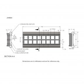 Technical engineering drawing for part number 244864, detailing a ProPlate component assembly. The schematic includes a front view, cross-section A-A, and an end view showcasing a 16-well superstructure, silicone gasket, and stainless steel snap clips clamping an omitted slide interface. Total length is 75.8 mm, structural profile height is 25 mm, and total height including clips is 32 mm. The diagram outlines a double row array of 16 square wells, each measuring 7 mm typical with a 9 mm typical grid pitch.